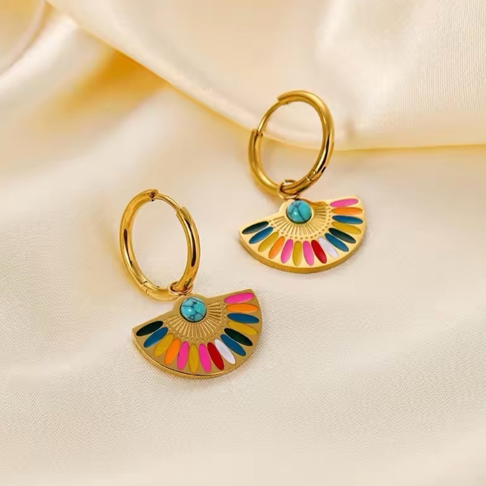 18k Gold Plated Enamel Rainbow Drop Hoop Earrings - Picture 2 of 7